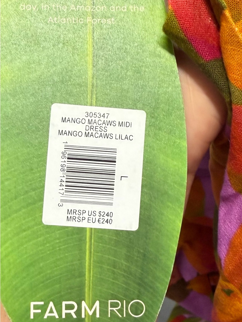 NWT FARM Rio Mango Macaws Midi Dress in Mango Macaws Lilac - Size L - Picture 4 of 4